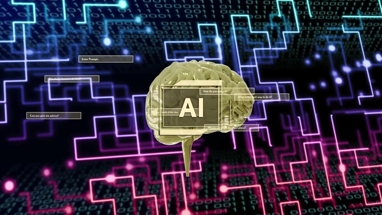 Dialog boxes sliding in, golden brain rotating, AI tag visible, nodes pulsing, showing query flow