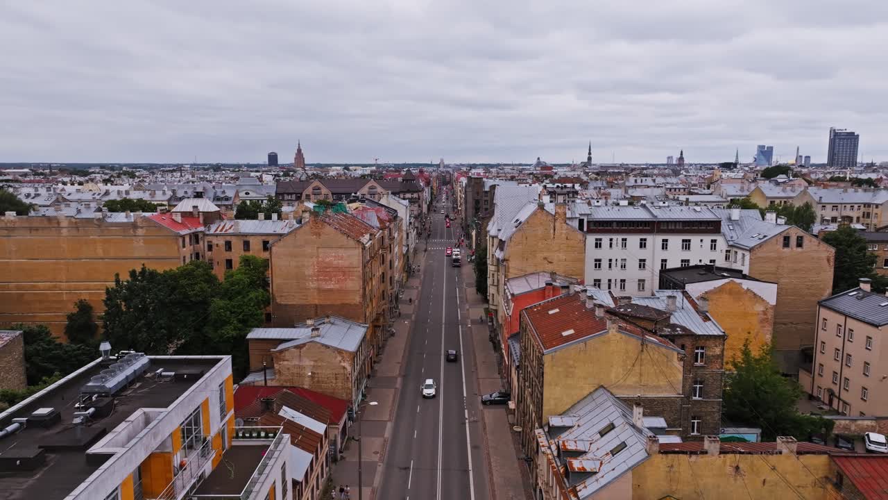 Cinematic Riga Latvia Čaka street axis leading to Old Town historic skyline