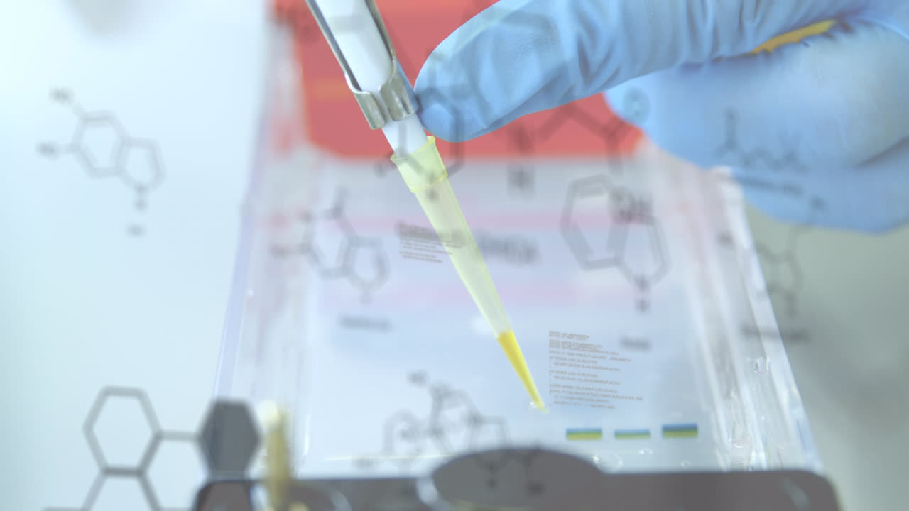 Animation of data processing and chemical formula over scientist in lab