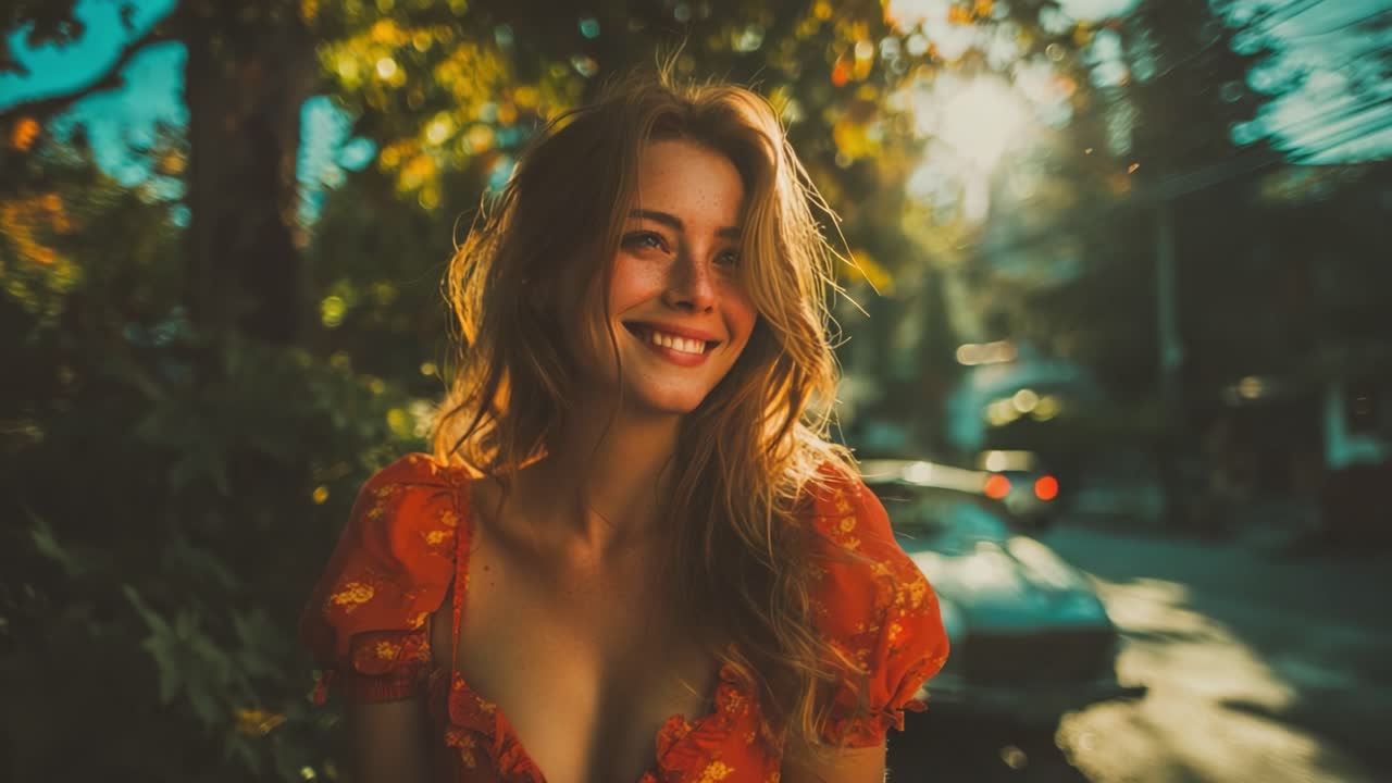 Capturando la Alegría: Una joven radiante sonriendo alegremente en un entorno exterior bañado por el sol, rodeada de hojas de otoño y luz suave.