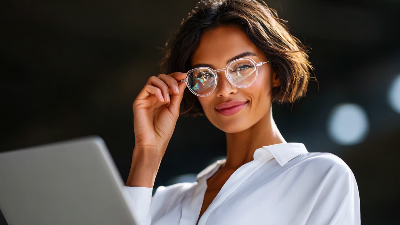 Confident Professional Woman Engaging with Technology, Smiling At the Screen, Embracing Modern Trends in Business and Communication, Showcasing Style and Intelligence in a Contemporary Setting