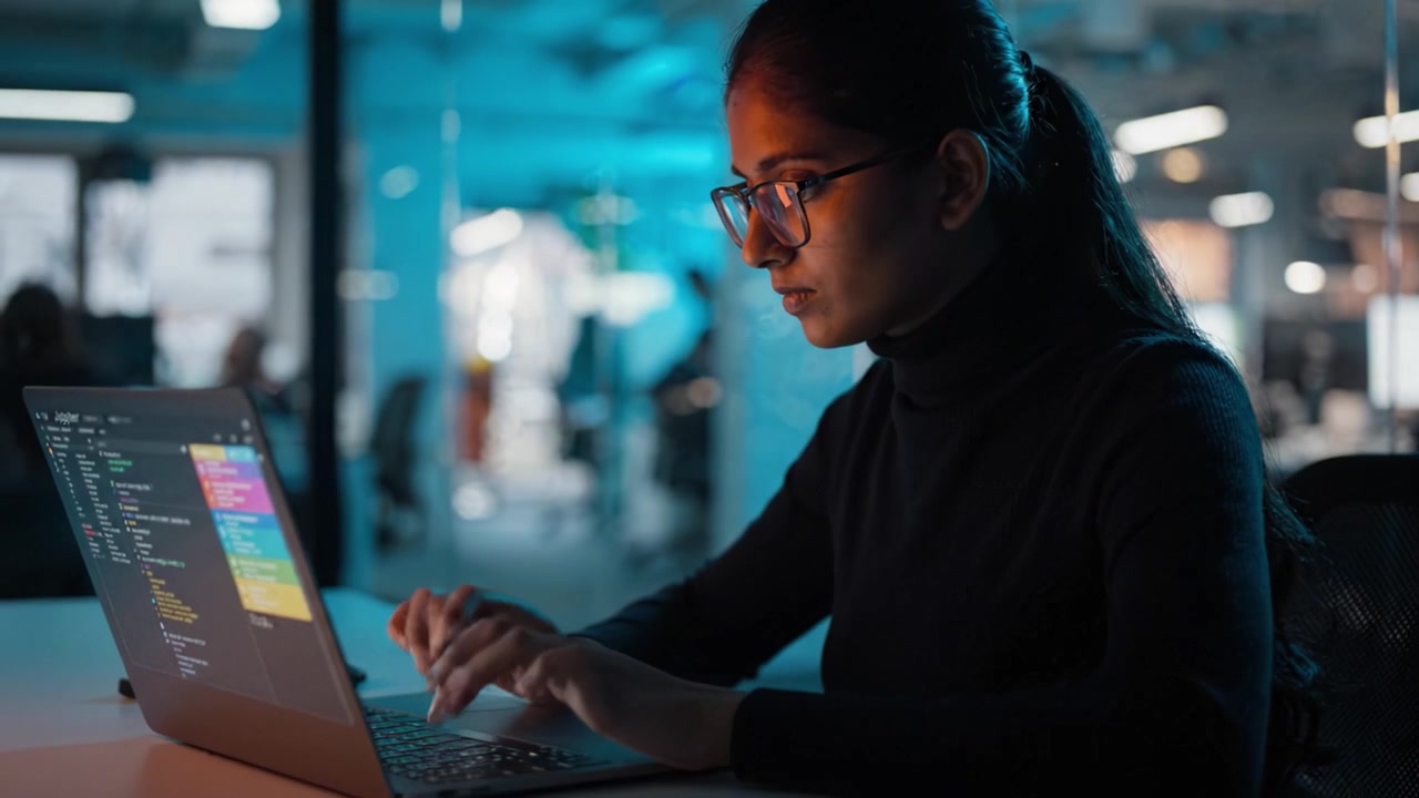 Focused Programmer Analyzing Code on a Laptop in a Modern Office Environment, Enhanced by Ambient Lighting That Sets a Productive Atmosphere and Mood