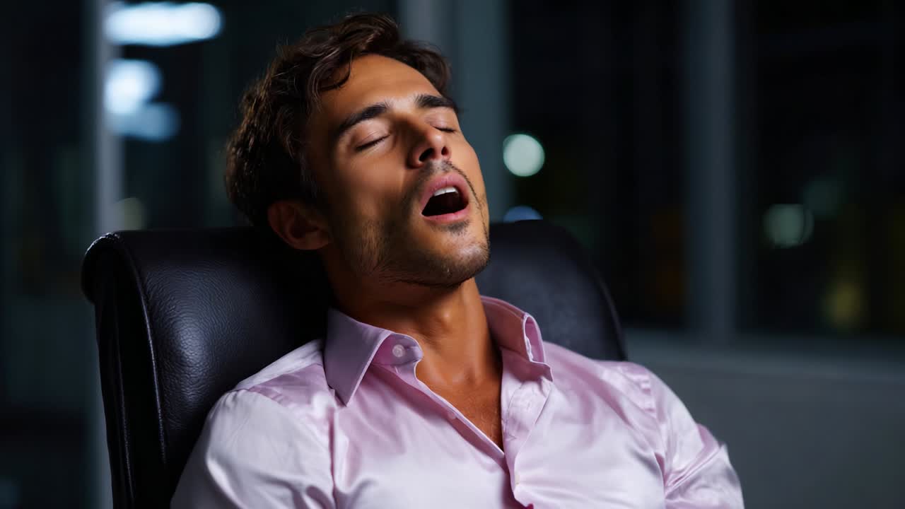 A Calm Moment of Serenity: A Man in a Stylish Pink Shirt Relaxing in a Chair, Enjoying Peaceful Sleep in a Dimly Lit Room, Emphasizing the Tranquility of Nighttime Rest and Inner Peace
