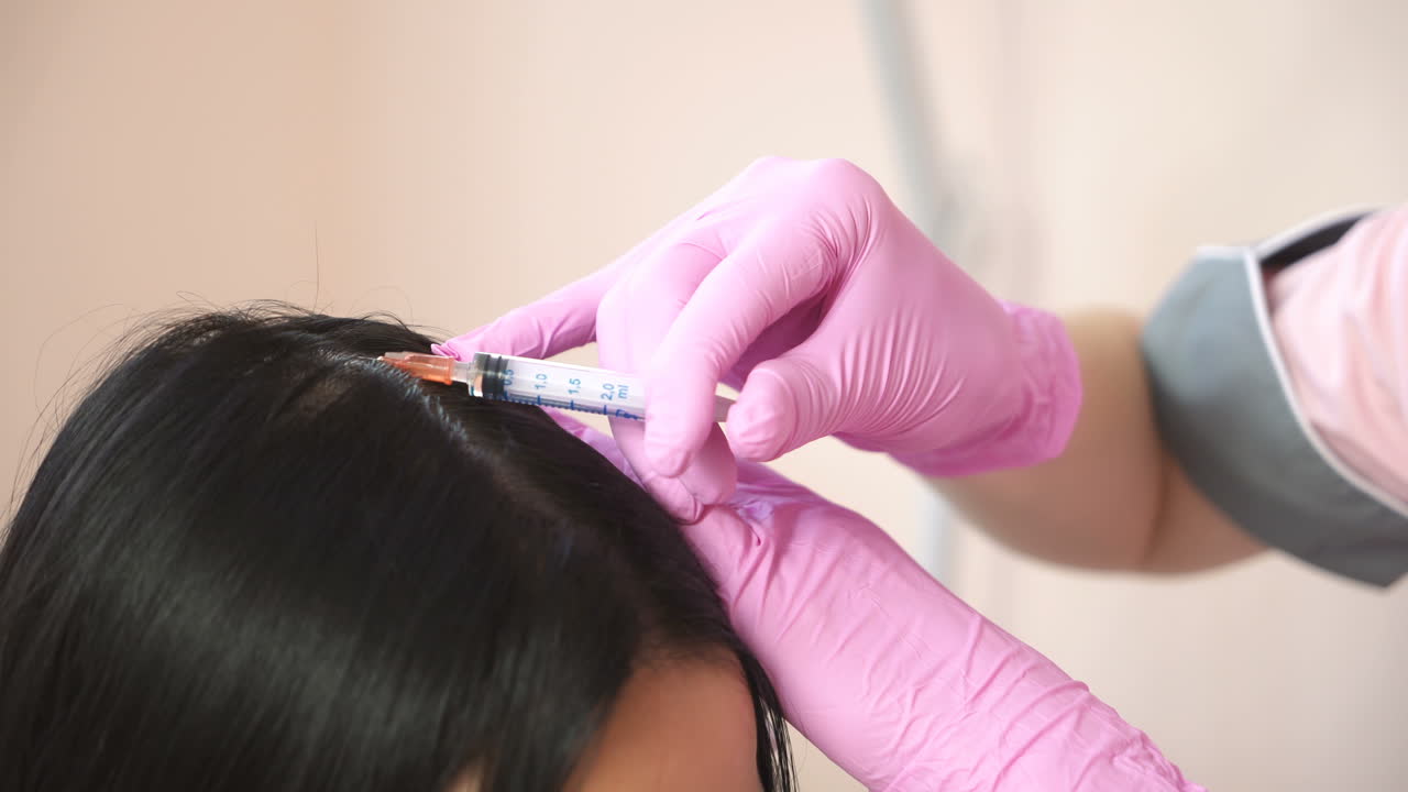 Patient getting head injections. Concept of hair loss. Cosmetological clinic