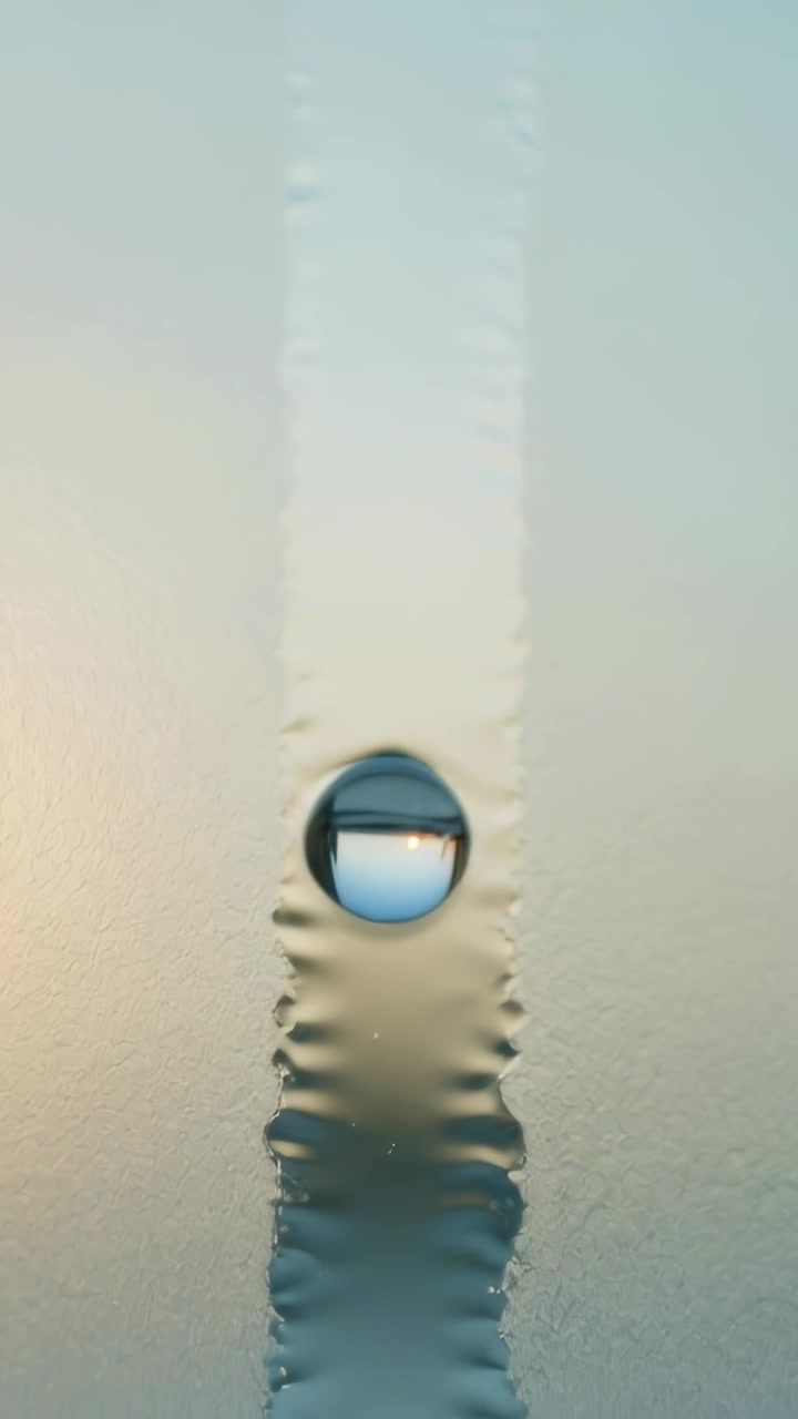 Video verticale: Goccia trasparente che scende lungo un canale bagnato per gravità, riflettendo il cielo e formando increspature.