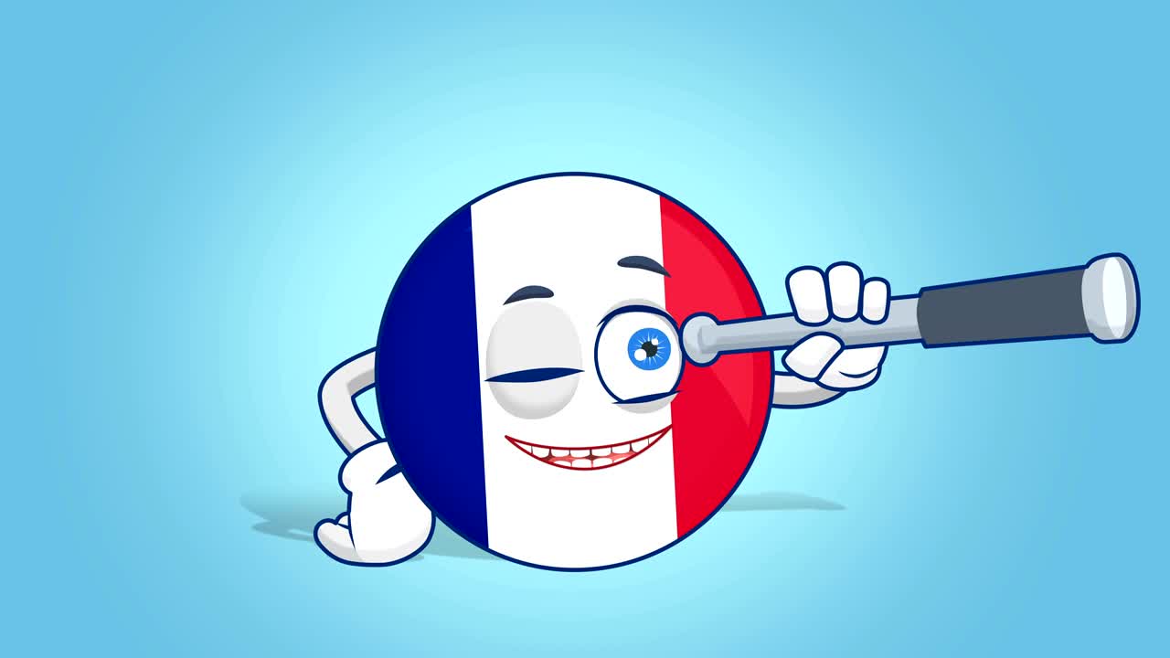 Icona cartone animato bandiera Francia con cannocchiale e animazione facciale con maschera alfa.