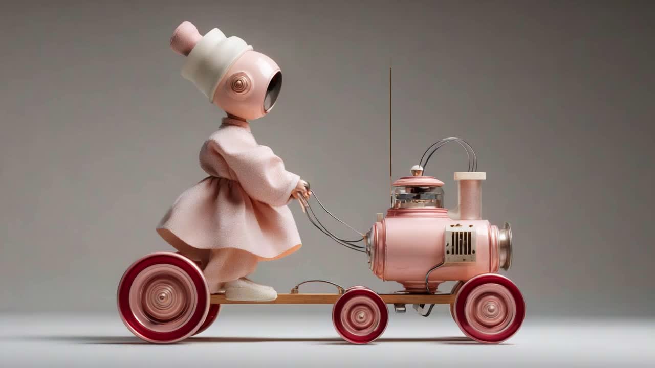A whimsical childlike figure in a pink outfit joyfully rides a vintage toy train, capturing the essence of nostalgia and imagination while showcasing unique artistic creativity