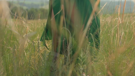 close up lower angle view of woman in flowing green dress walking barefoot through overgrown grassy meadow on sunny countryside farmland with soft wind brushing dry and green stalk