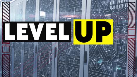 animation of level up text in white and black over computer server room