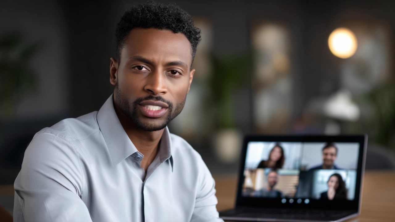 Professional Man Engaging in Virtual Meeting on Laptop, Showcasing Modern Communication and Collaboration in a Contemporary Workspace Setting
