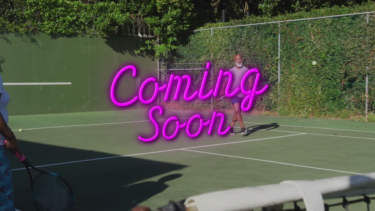 Tennis players rallying on sunlit court, featuring neon pink Coming Soon overlay for marketing