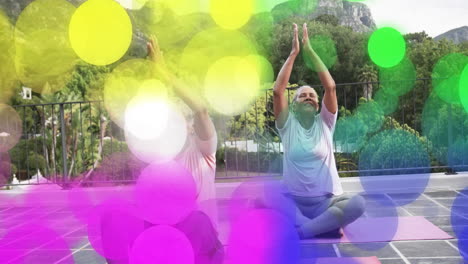 practicing yoga outdoors, people with colorful bokeh animation in background