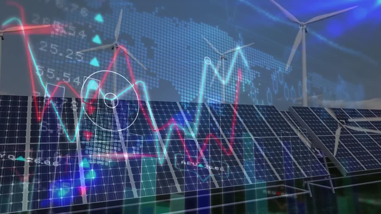 태양광 패널과 풍력 터빈에 대한 다양한 금융 데이터의 애니메이션