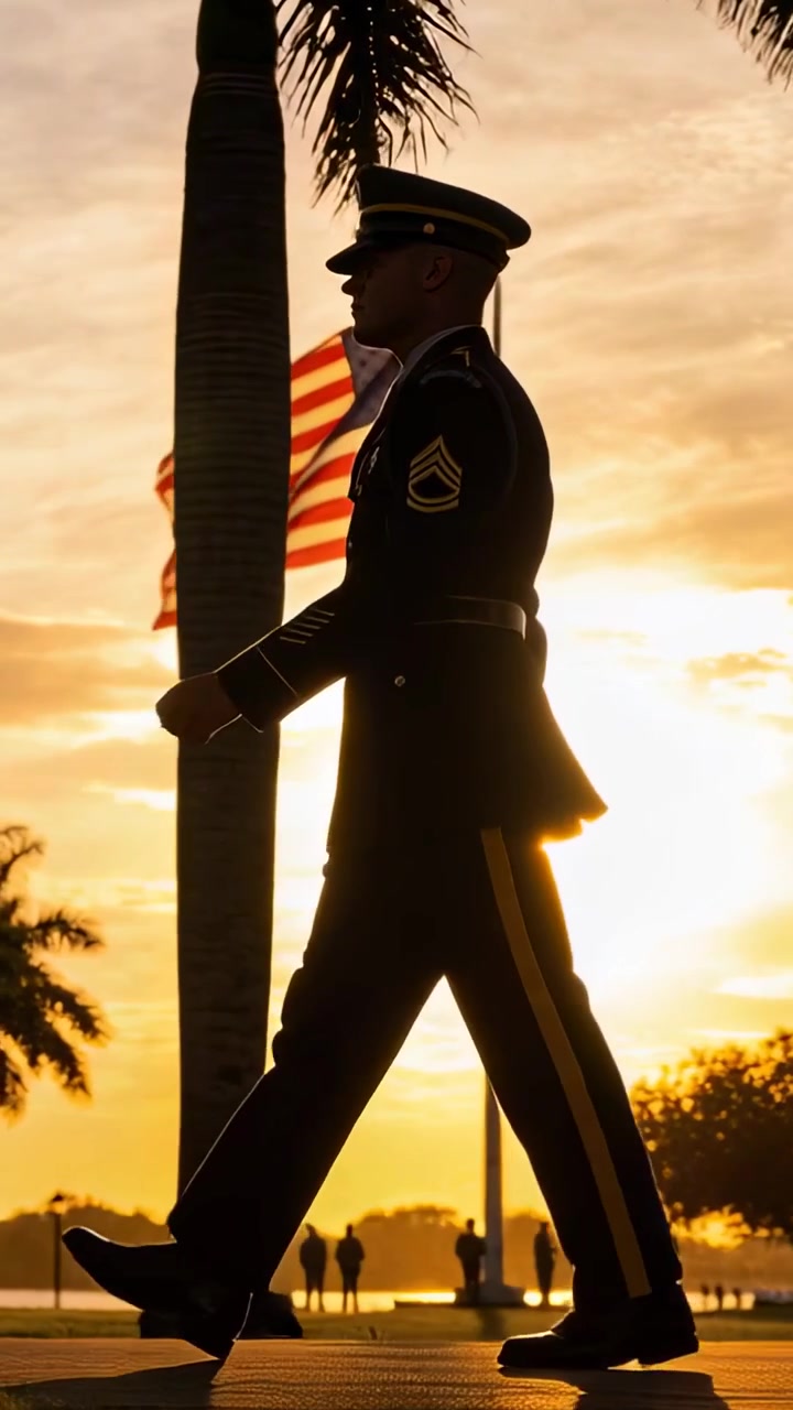 Video verticale: Guardia in uniforme che marcia dopo il segnale, passando un palo con bandiera americana per il servizio