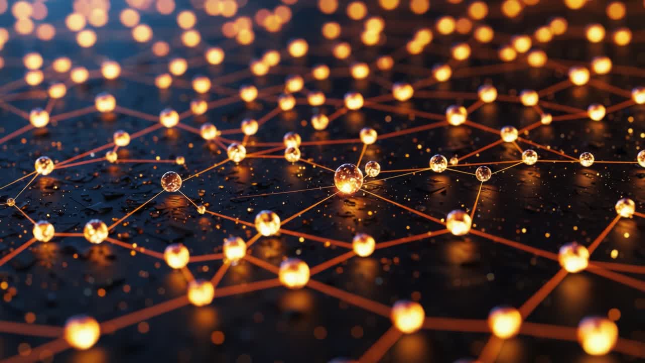 Illuminated Network: A Mesmerizing Display of Glowing Connections and Abstract Spheres on a Fluid Background, Capturing the Essence of Modern Digital Landscapes