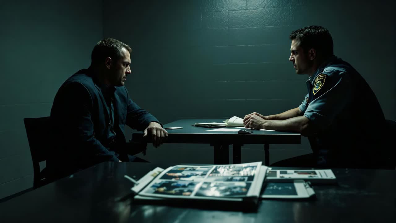 Law enforcement detective questioning criminal in dimly lit interview space, investigative documents spread across surface