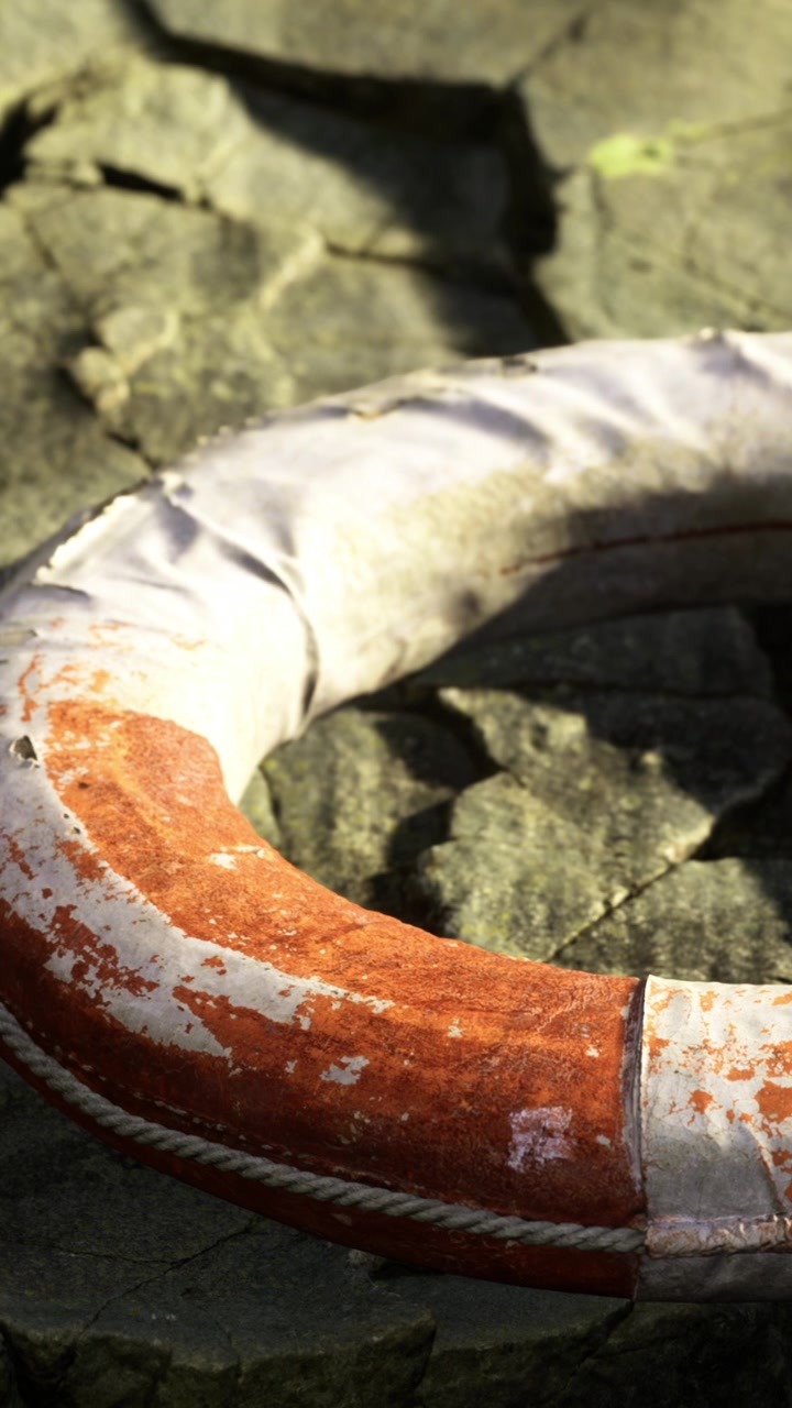 Salvagente posizionato su rocce vicino all'acqua sotto la luce intensa del sole di giorno.
