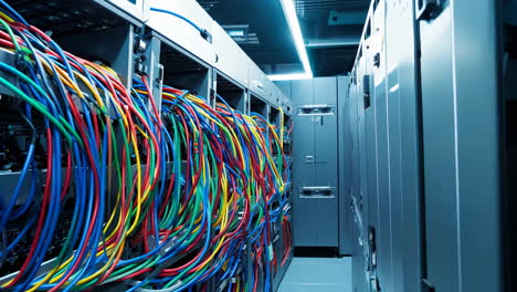 network server room with colorful cables during evening setup