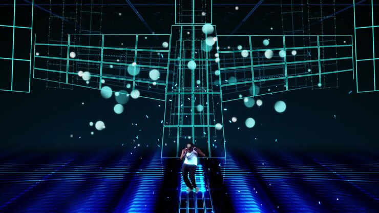 Moving spots of white light with dancing man and laser grid