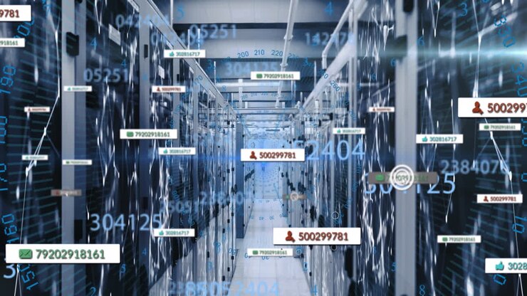 Animation of social media icons, changing numbers and network of connections against server room