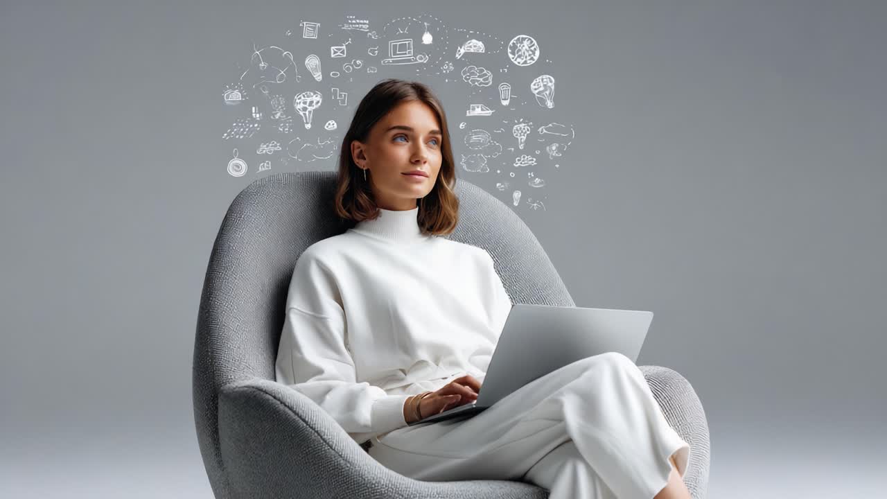 A Thoughtful Woman Engaging with Concepts of Creativity and Technology While Seated Comfortably, Merging Imagination and Digital Innovation