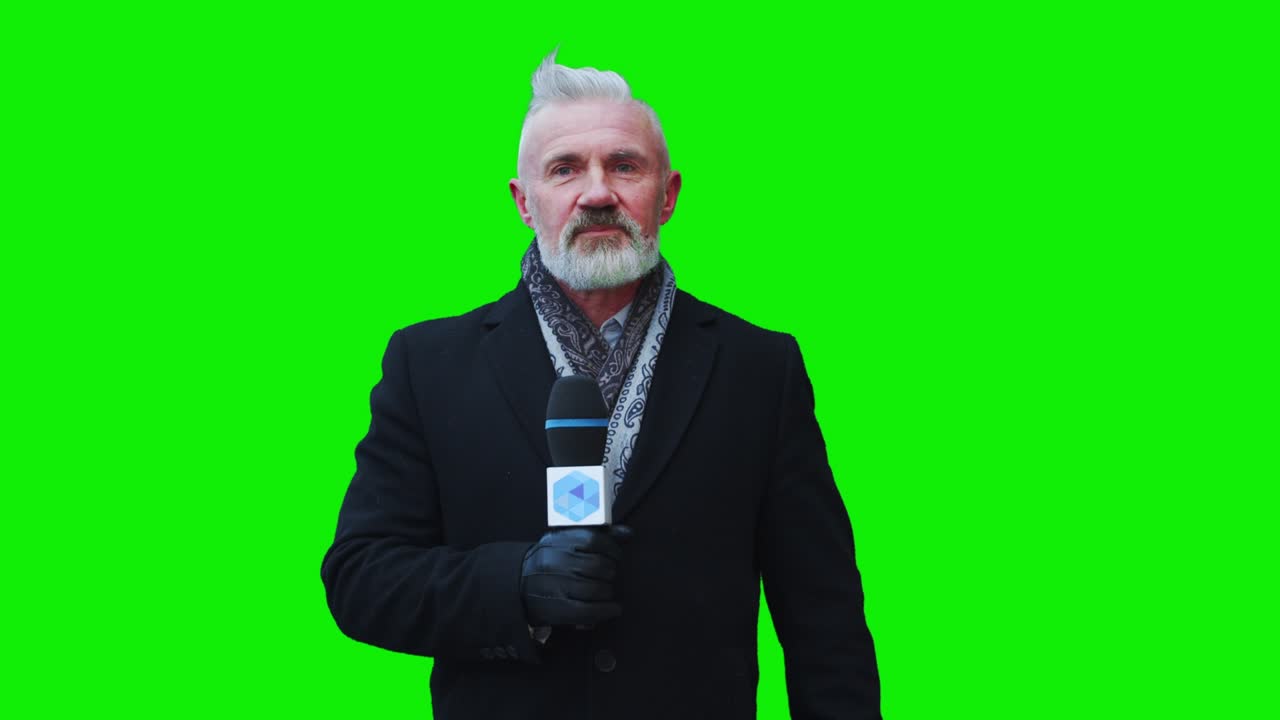 TV Live News Programme: Caucasian Male Presenter Reporting Green Screen Chroma Key Screen Picture. Television Cable Channel Anchor Talks. Network Broadcast Mock-up Playback