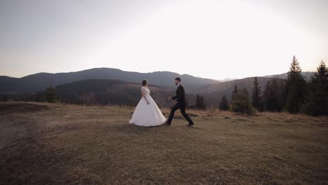 Newlyweds.-Caucasian-groom-with-bride-on-mountain-slope.-Groom-proposes