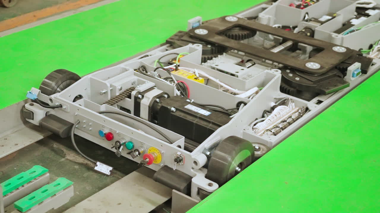 Close-up view of an autonomous guided vehicle operating inside a factory, showing internal mechanical components and transport systems used for automated material in industrial production. China