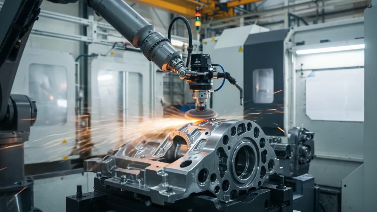 High-Precision Robotic Machining in an Industrial Setting: A Metal Component Undergoing Advanced Processing with Sparks Highlighting Efficiency and Technology