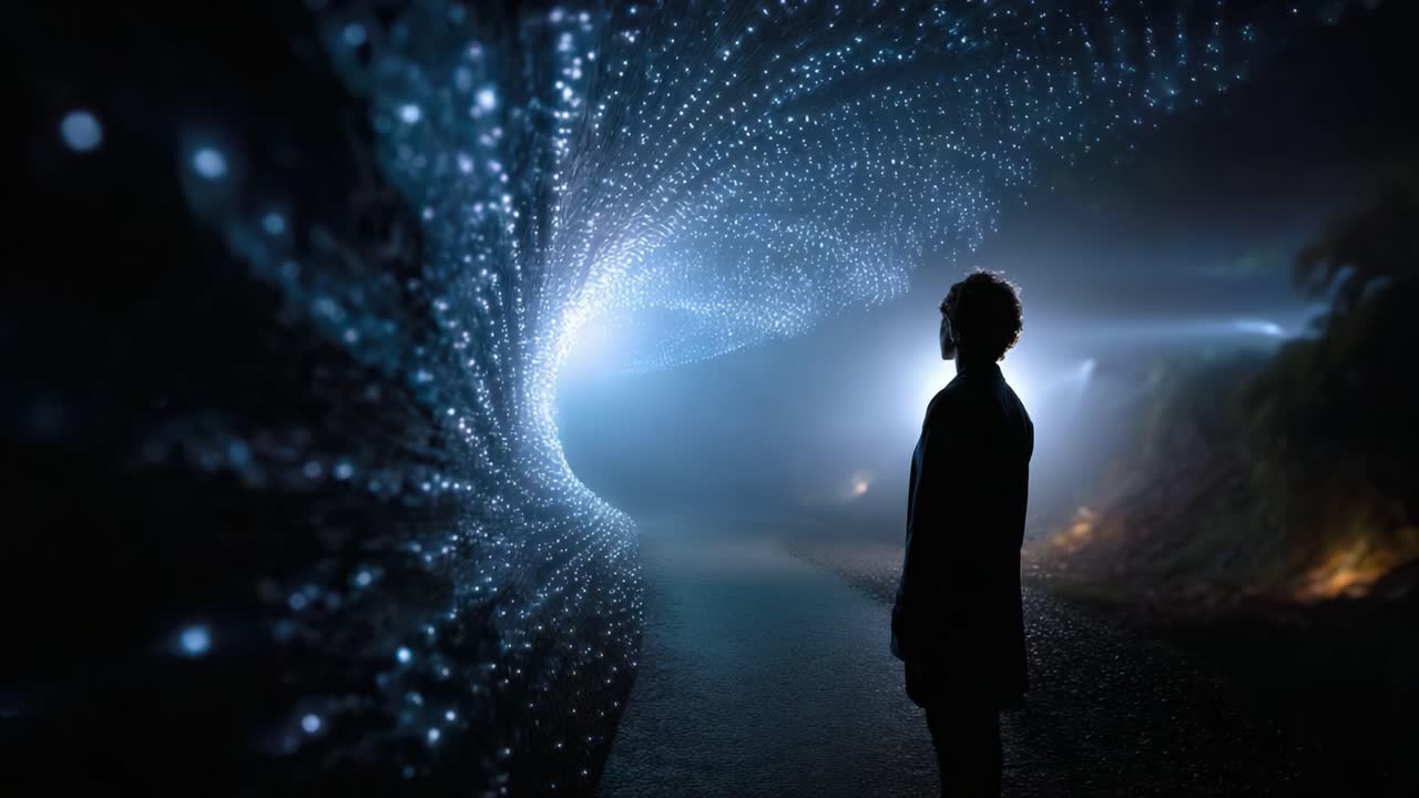 Una figura solitaria resta ipnotizzata in uno spazio ultraterreno, mentre osserva un tunnel vorticoso di particelle di luce scintillante, evocando un senso di meraviglia e mistero.