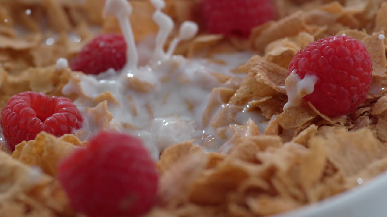 라즈베리가 느린 동작으로 시리얼의 그에 어지고 있습니다.