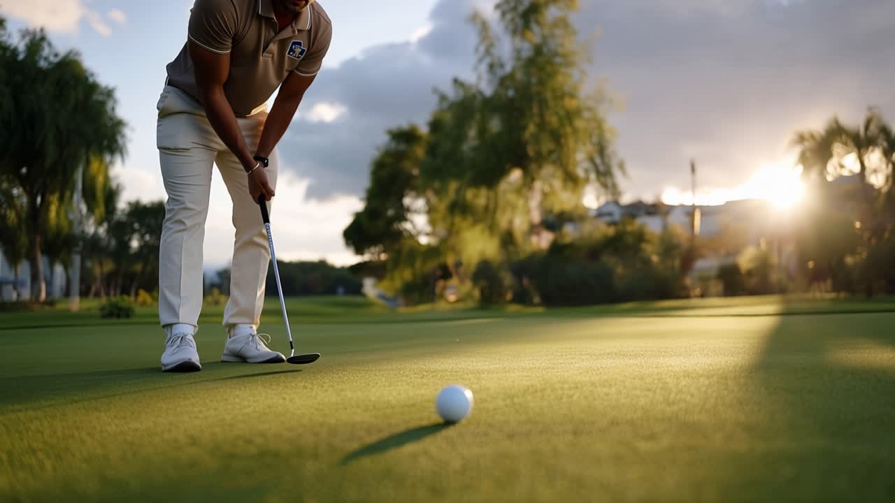 Un golfista si accovaccia, preparandosi per il putt. Il tramonto inonda il green di una luce calda e dorata. Gli alberi ondeggiano dolcemente nella brezza leggera. Si concentra, con gli occhi fissi sulla buca.