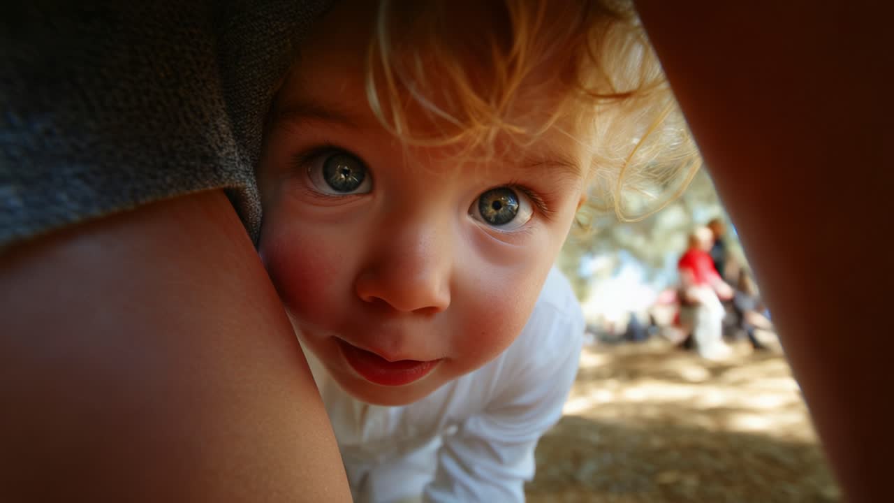 Curious Child Peeking from Beneath Adult's Arm, Capturing Innocence and Playfulness in a Natural Outdoor Setting with Soft Focus Background of Friends and Family