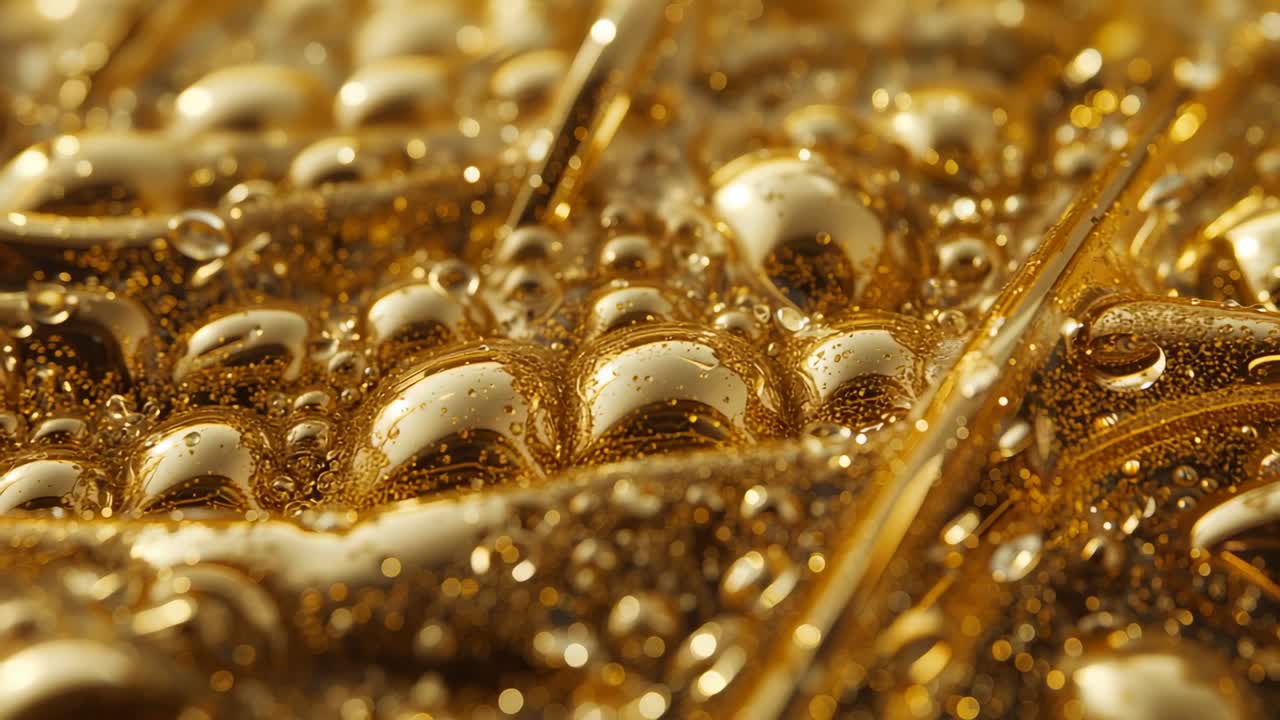 La luce dello studio si accende mentre la fotocamera cattura bolle dorate che si spostano lungo una cresta, con goccioline che si uniscono