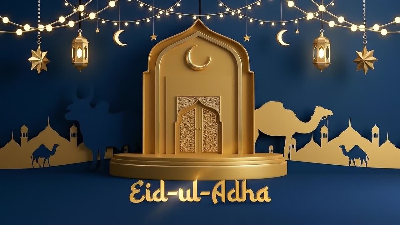 Animazione banner di auguri Eid ul Adha con arco islamico, luci di lanterne e scena di celebrazione con silhouette di animali su sfondo decorativo.