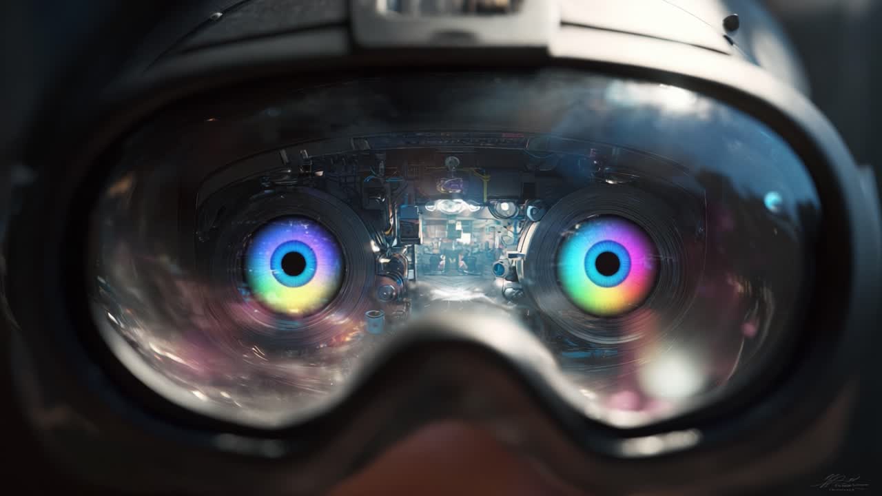 An immersive experience captured through the lenses of advanced virtual reality goggles, showcasing the intricate details and vibrant colors reflecting the innovative technology embedded within