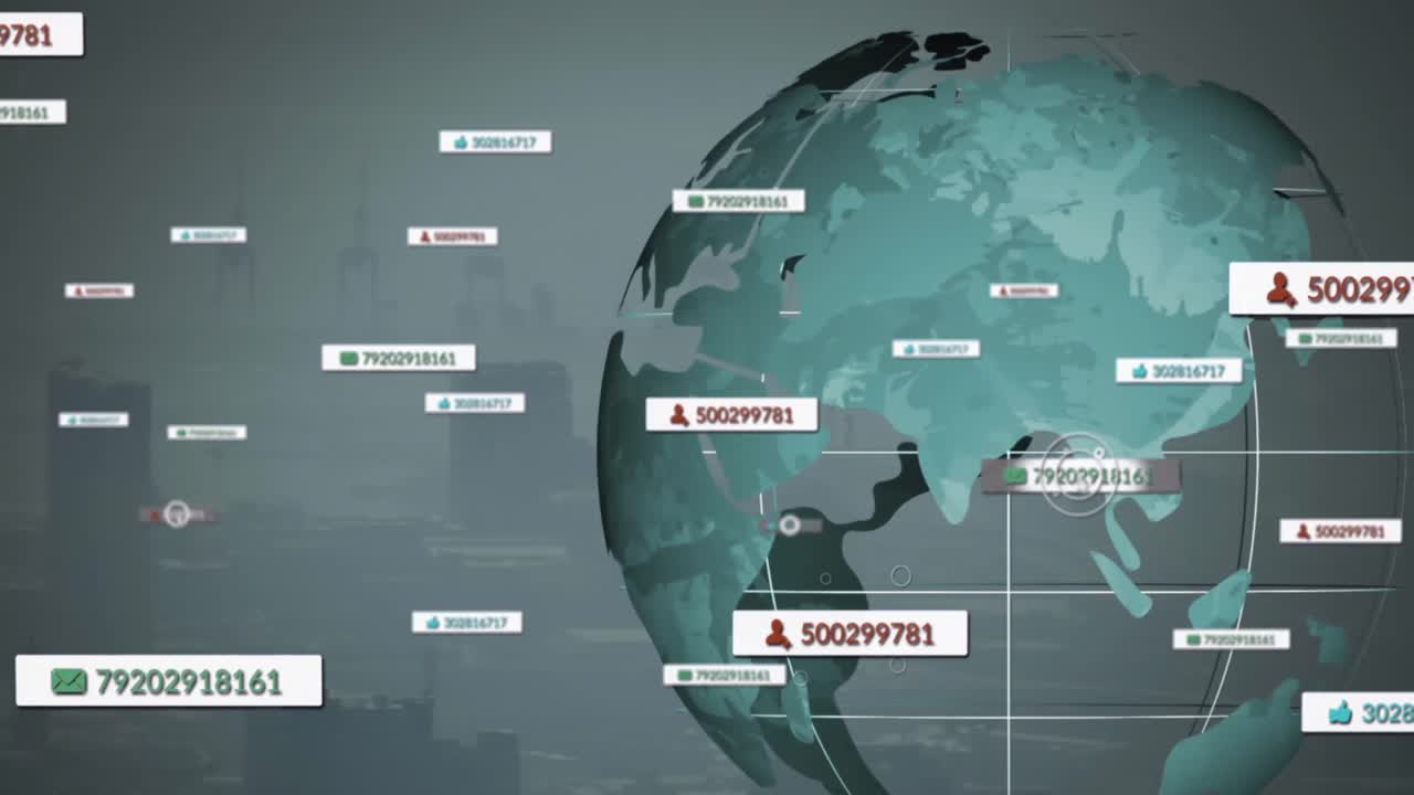 animación del procesamiento de datos de las redes sociales en todo el mundo y el paisaje urbano