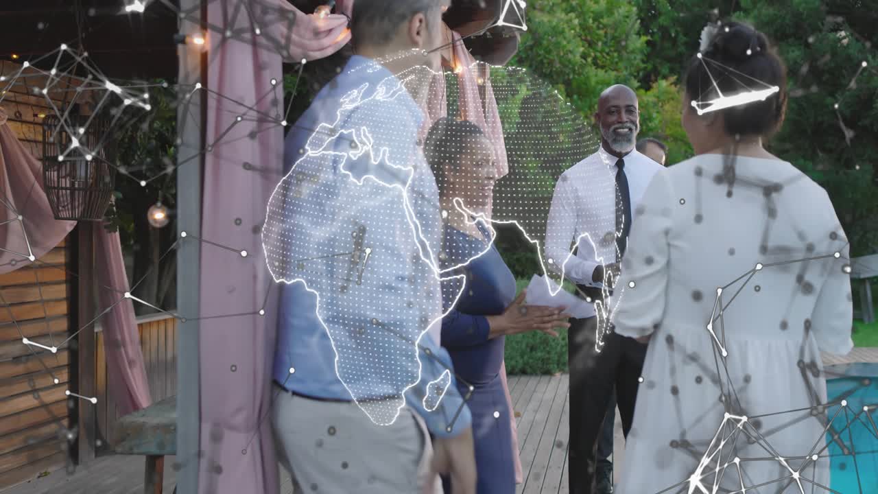 Bouquet-holding woman turning to pergola and stepping for wedding vows, animated globe over group