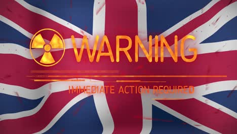 Animation-Radioaktiver-Symbole,-Warnung,-Text-„Sofortige-Maßnahmen-Erforderlich“-über-Der-Flagge-Des-Vereinigten-Königreichs
