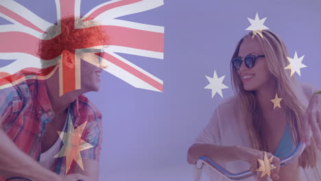 riding bicycles and smiling, people with australian flag animation in background