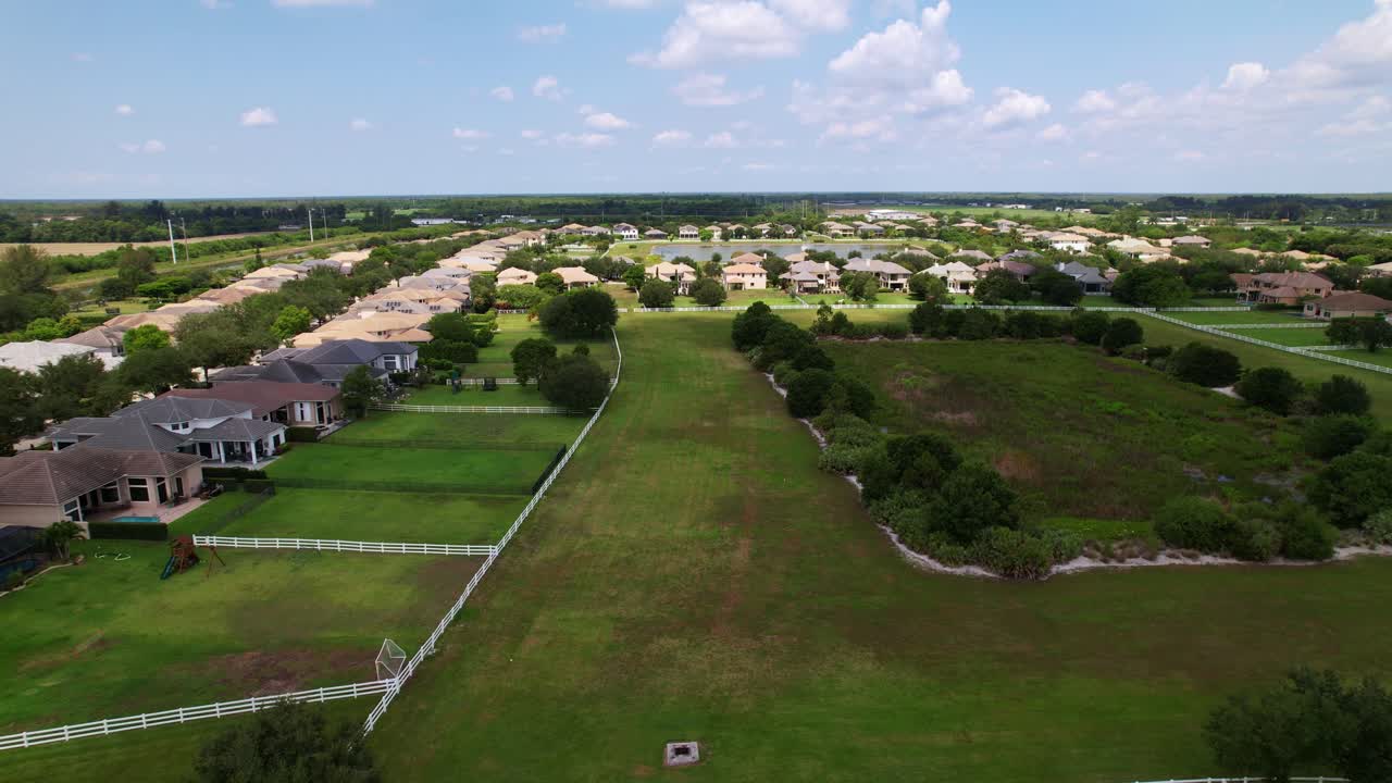 Aerial of residential area with green lawns, trees, and winding roads under daylight