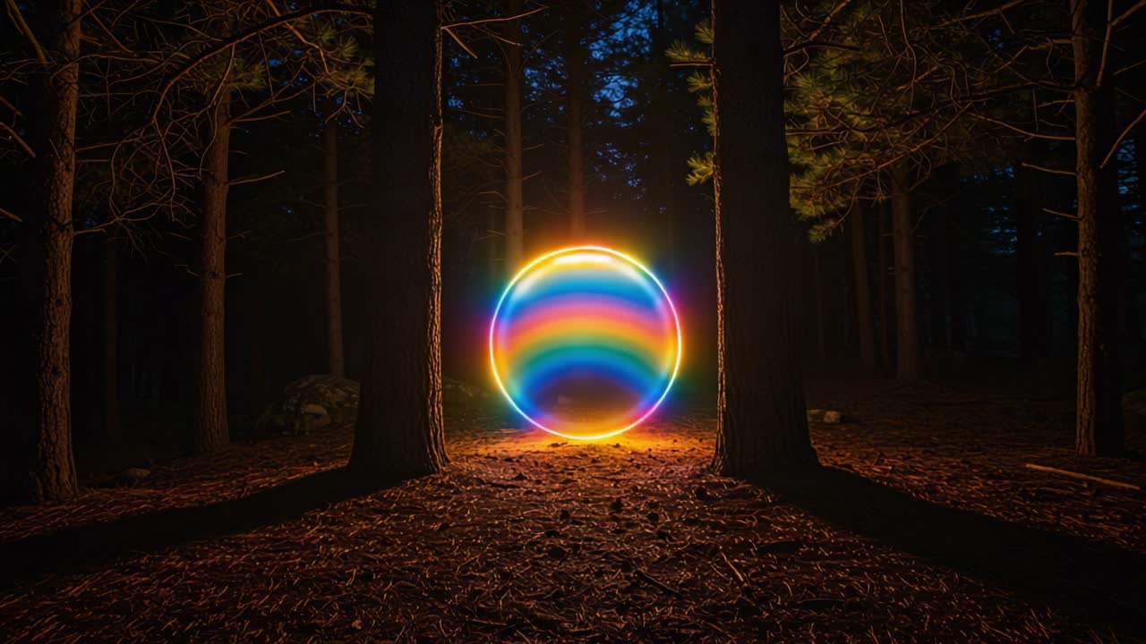 A Vibrant Circular Portal Illuminates a Dark Forest, Blending Natural Elements with Colorful Light Trails for a Mystical Atmosphere in the Night Wilderness
