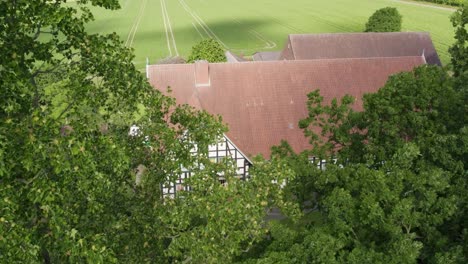 Revealing-shot-of-half-timbered-house-behind-tree-crowns-with-a-top-view-down-on-red-roof