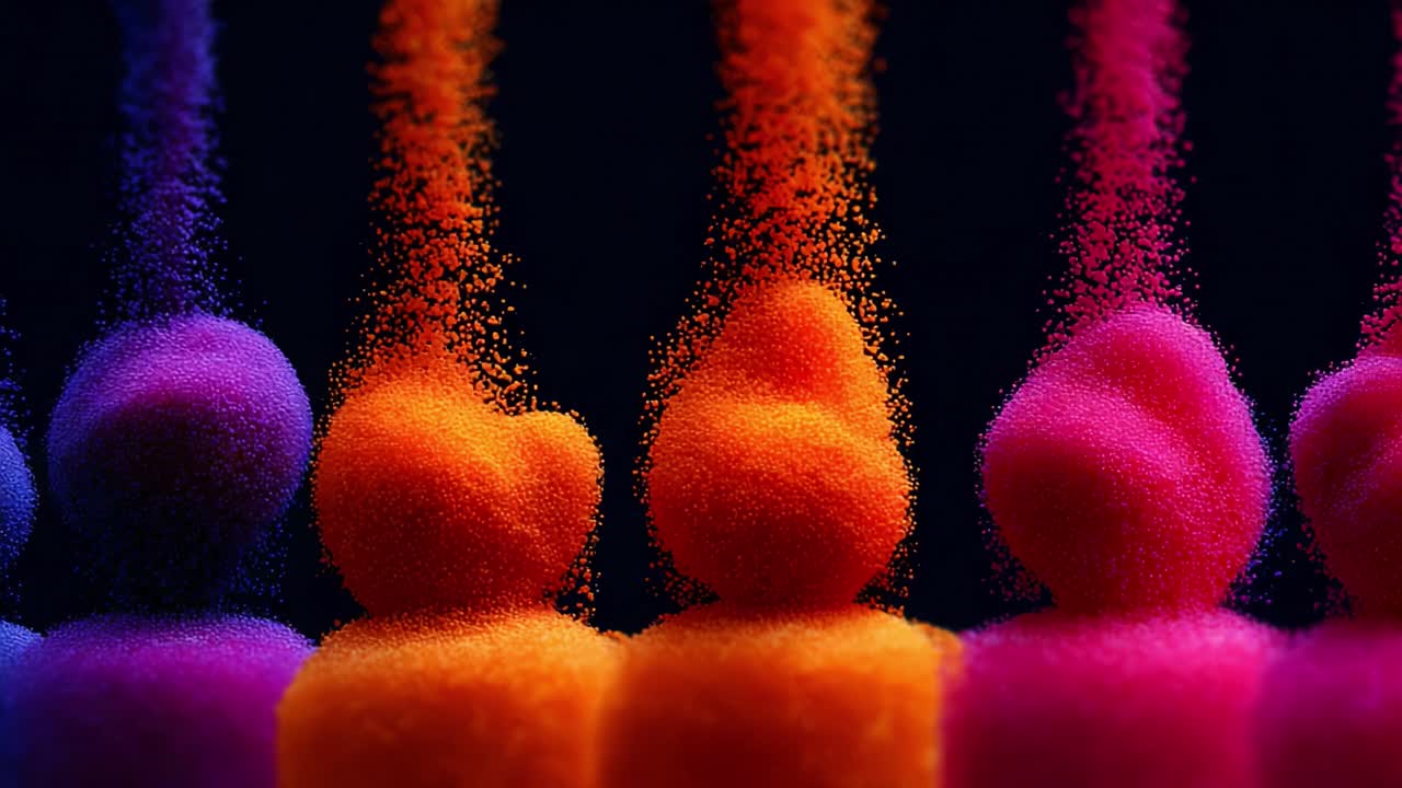 A Vibrant Display of Colorful Powder Formations Transitioning from One Frame to the Next, Capturing the Dynamic Movement of Granular Particles in an Artistic Presentation