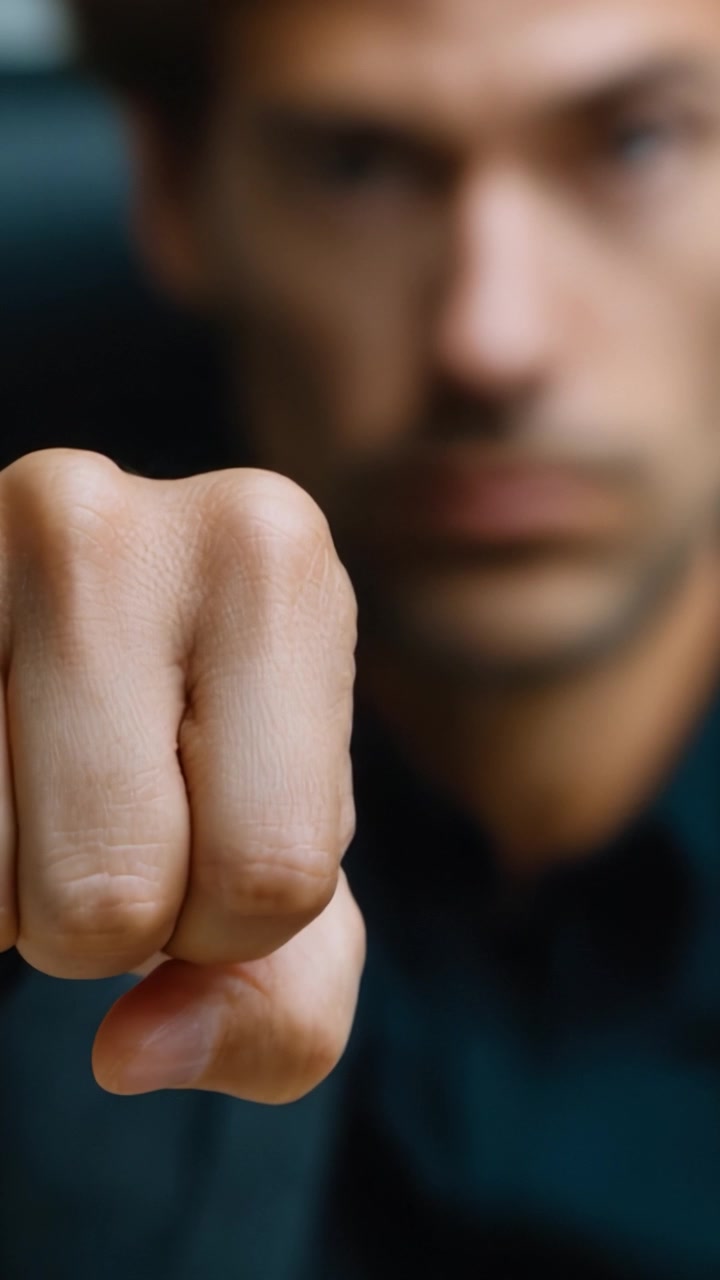 Una vista ravvicinata del pugno di un uomo determinato, che simboleggia forza e risolutezza, su uno sfondo sfocato, catturando un momento di intensità e concentrazione.
