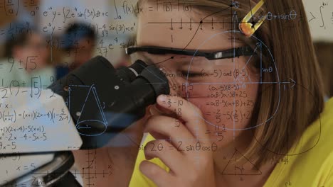 animation of mathematical formulae over schoolgirl using microscope