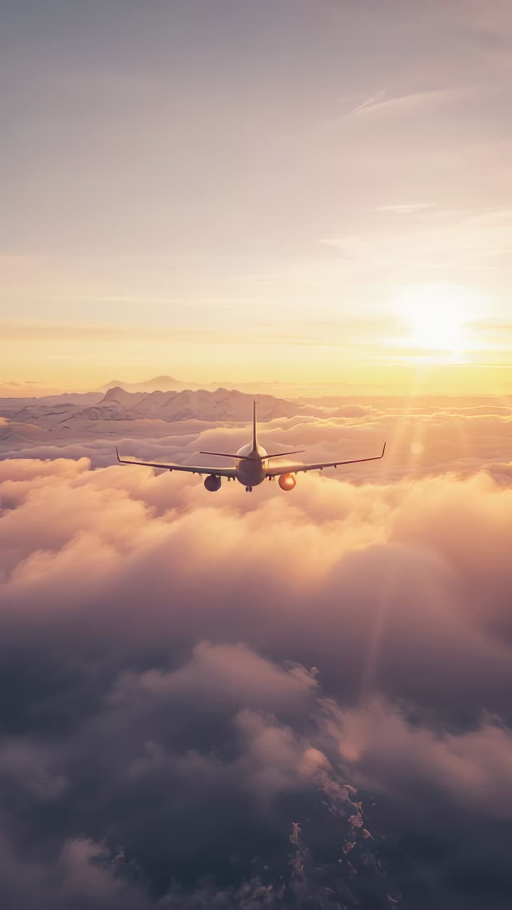 Vertical video: Cruising passenger jet carrying travelers above pink clouds at sunrise, sun low