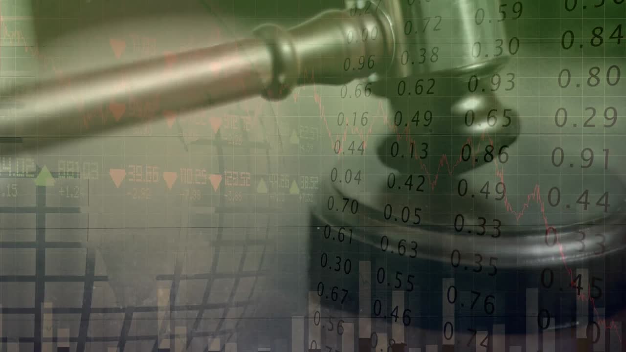Animation of statistics and financial data processing over auctioneer's hammer
