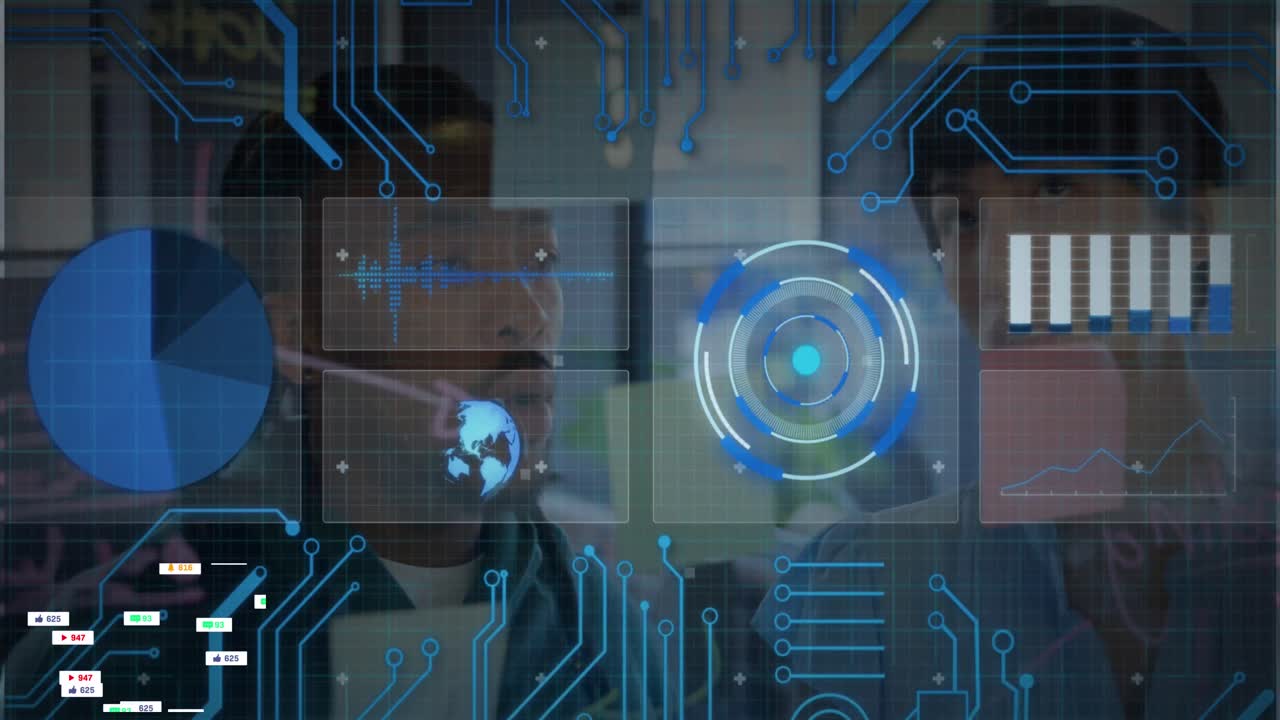 animación de pantallas de interfaz de hud sobre compañero de trabajo multirracial discutiendo sobre nota adhesiva en la oficina