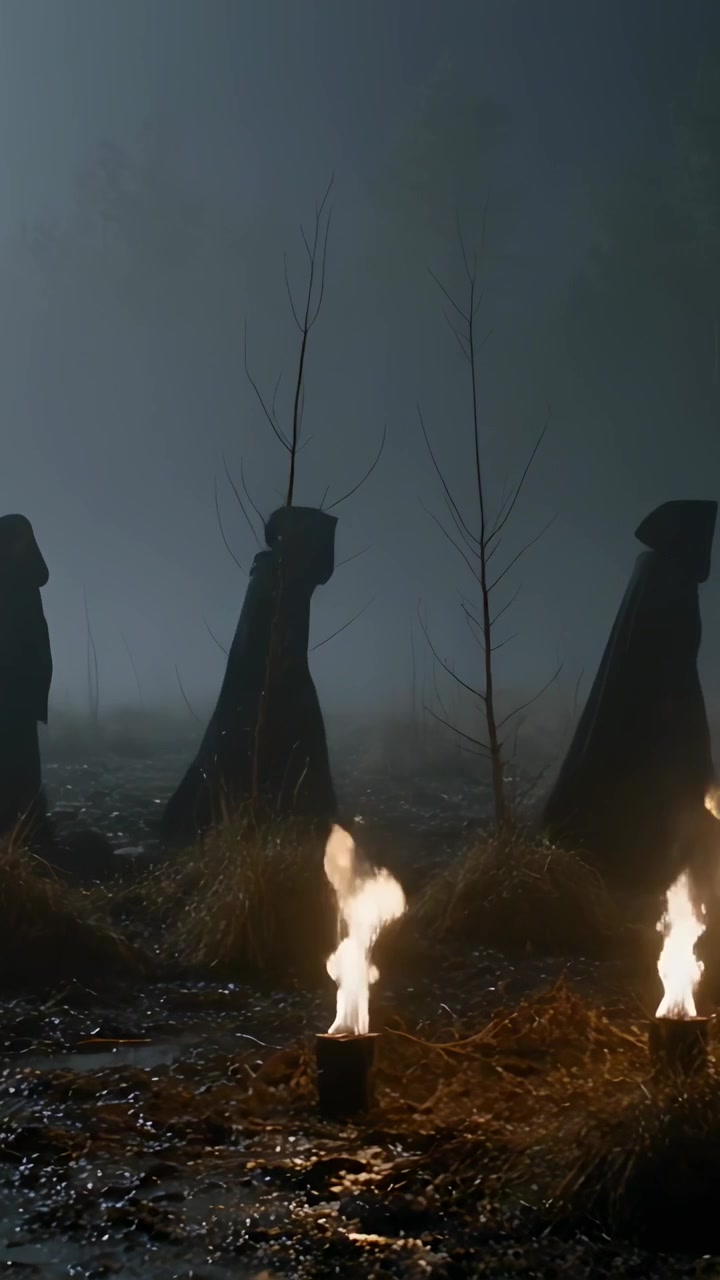 Vertical video: Walking cloaked trio following can fires in marsh after third joining to find path